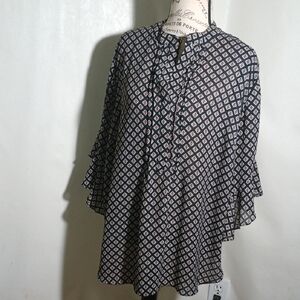 Vince Camuto Women's Blouse and Brown  Geometric Pin Ruxk Ruffled  SLEE